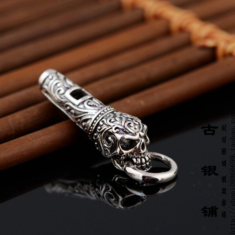 古银铺s925纯银口哨吊坠男款个性时尚骷髅头朋克风格银饰品银项坠