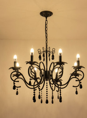 法式复古蜡烛吊灯美式客厅灯餐厅卧室简约田园风铁艺黑色水晶灯具