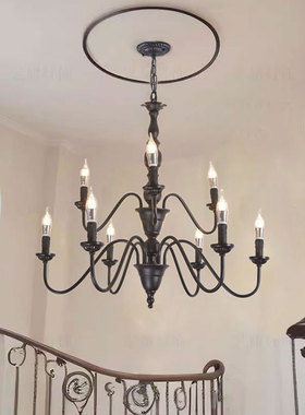 黑色高级感法式客厅复古餐厅吊灯美式乡村双层复式楼梯间loft吊灯