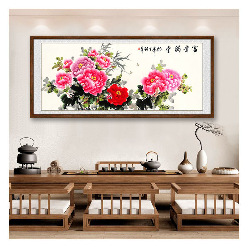 国画花鸟国色天香挂画横幅中式客厅餐厅实木框牡丹花开富贵装饰画