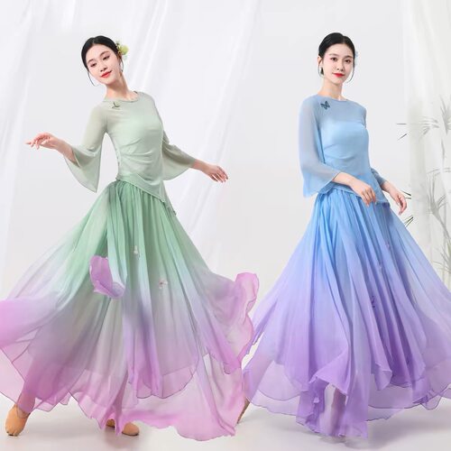中国风古典舞蹈服身韵仙气蝴蝶纱衣演出服飘逸 渐变大摆裙表演服