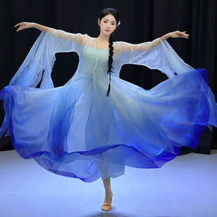 身韵纱衣大摆裙舞蹈服套装 古典舞蹈服女飘逸超仙大袖 长款 花瓣袖 衫