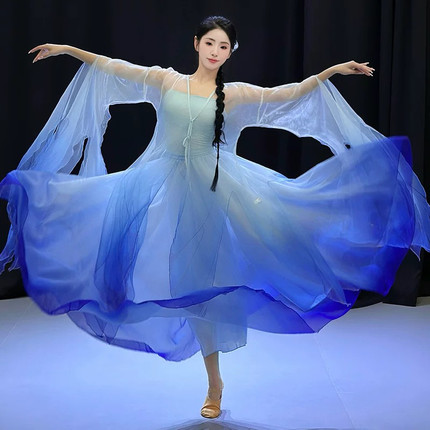 古典舞蹈服女飘逸超仙大袖衫花瓣袖长款身韵纱衣大摆裙舞蹈服套装