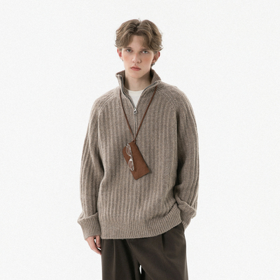 2025秋冬新款厚高领半拉链毛衣男宽松休闲保暖纯色上衣潮