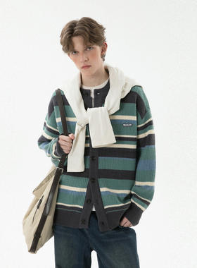 2025年秋冬新款条纹撞色开衫毛衣宽松休闲保暖上衣潮