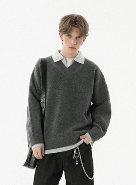 2025秋冬新款假两件翻领套头毛衣男宽松休闲厚上衣潮百搭