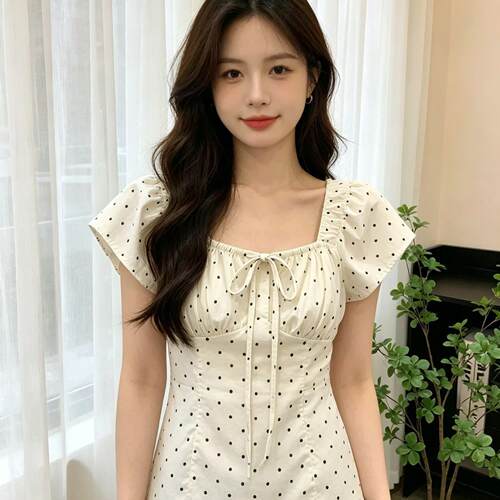 甜美风方领泡泡袖波点上衣女夏季新款蝴蝶结系带修身显瘦减龄衬衫