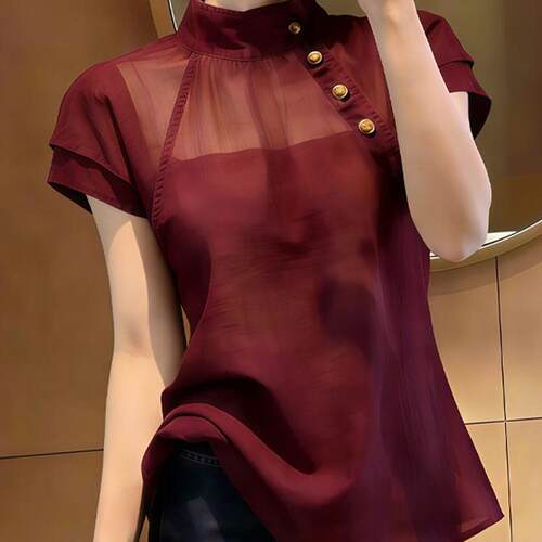 欧货高端定制红色温婉大码上衣女2026夏季新款大方微透款雪纺短袖