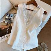 白色蕾丝拼接亚麻v领无袖 气质温柔显瘦背心 法式 上衣女夏新款 时尚