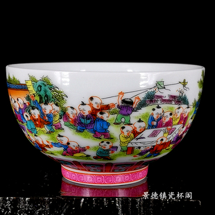 景德镇仿古青釉上粉彩百子婴戏图陶瓷单个主人品茗茶杯三才盖碗