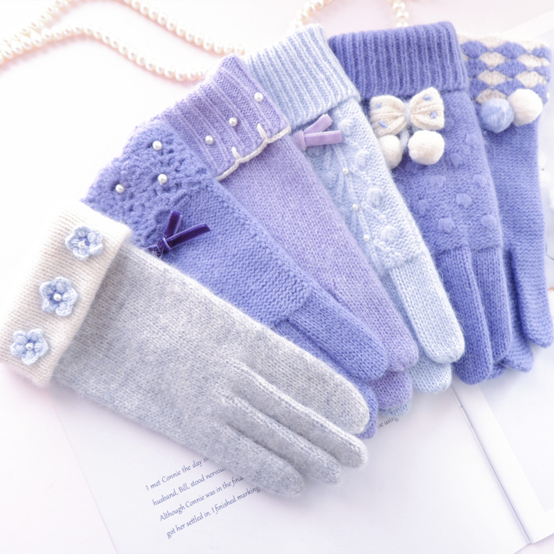 手套冬天女毛线骑车羊毛分指开车保暖可爱春秋薄款软妹韩版蝴蝶结