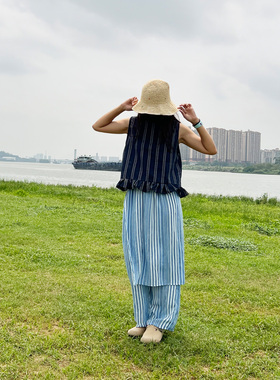 2026夏季新款凉感蓝色条纹海军风假两件屁帘休闲长裤子亲子套装