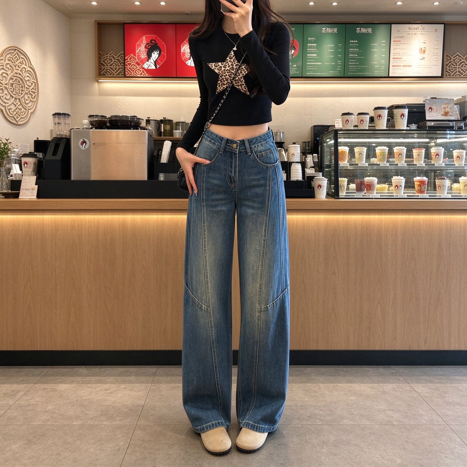 美式复古拼接牛仔裤女高腰垂感阔腿裤设计感显腿长拖地休闲长裤
