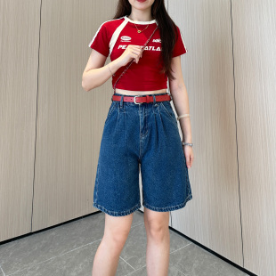 【运补6-8】【送红色腰带】7533 百搭原牛色高腰五分女中裤牛仔裤