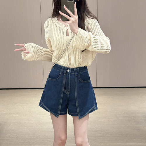 【运补6-8】【送红色腰带】夏季高腰短裤女四分裤牛仔裤7729 B