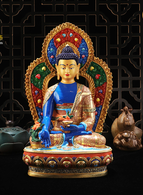 药师释迦莲师四臂文殊佛像摆件精工彩绘背光铜鎏金雕花密宗供奉