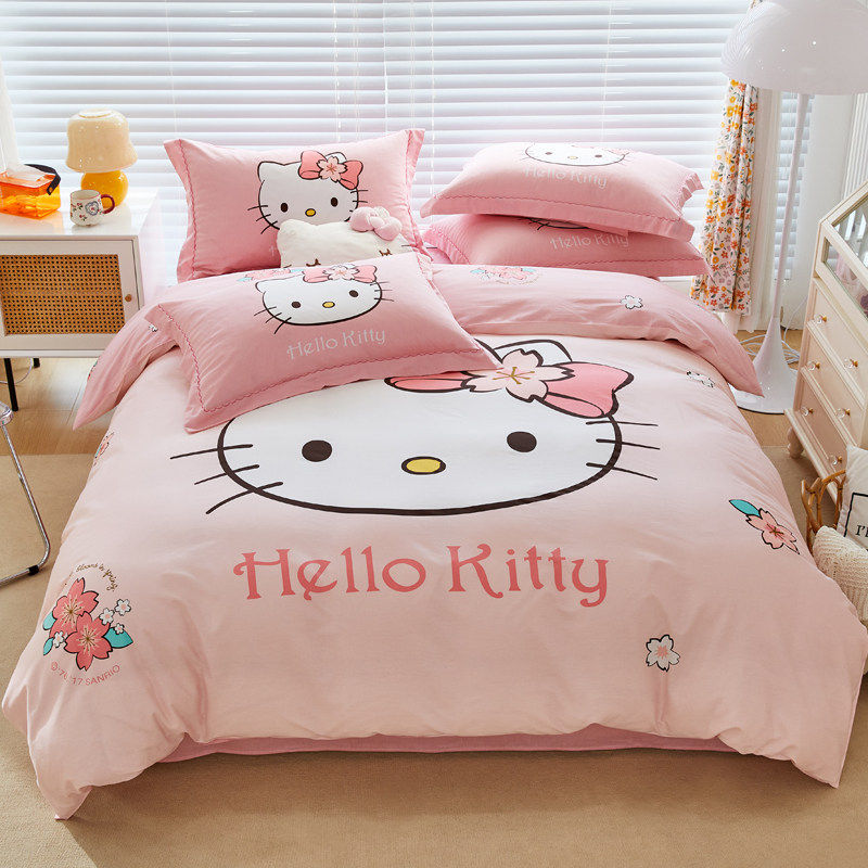 英国DHWA儿童hellokitty全棉四件套卡通KT猫纯棉被套床笠三件套女