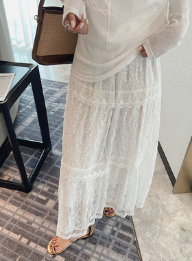 JINGONI花边蕾丝中长裙子女半身裙宽松法式高腰夏季新款a字伞裙