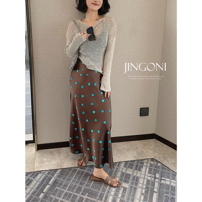 JINGONI波点醋酸缎面鱼尾裙女高腰修身中长款半身裙通勤包臀显瘦