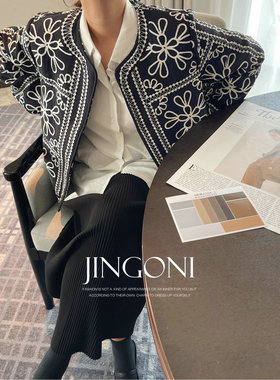 JINGONI黑色花朵薄款棉衣棉服外套女上衣秋冬季新款宽松复古高级