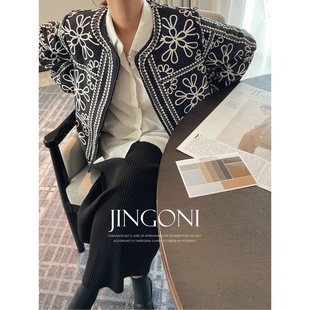 JINGONI黑色花朵薄款 宽松复古高级 棉衣棉服外套女上衣秋冬季 新款
