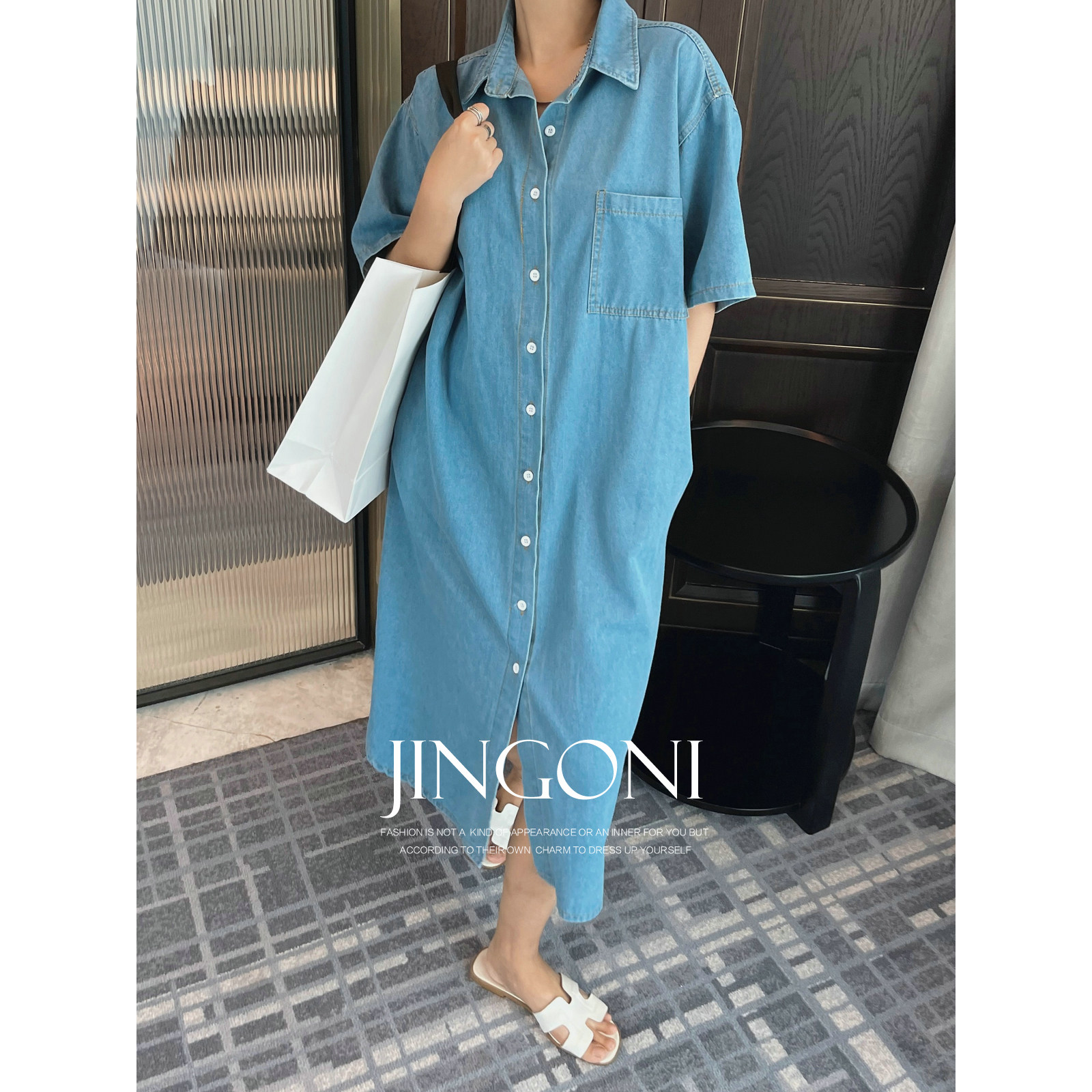 宽松牛仔短袖连衣裙子女2024年夏季新款港风时尚休闲中长款韩版潮