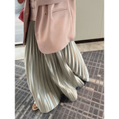 新款 缎面百褶a字中长款 大摆飘逸垂感春夏季 半身裙长裙子宽松通勤