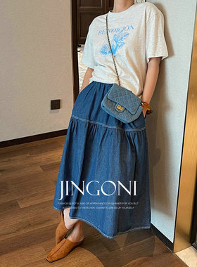 JINGONI牛仔半身裙子a字中长款高腰春季新款宽松复古显瘦大摆半裙