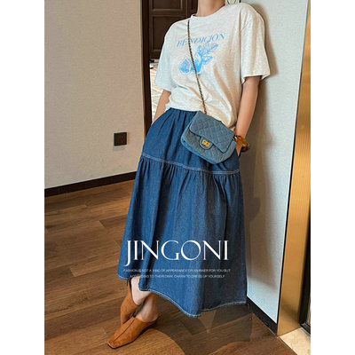 JINGONI牛仔半身裙子a字中长款高腰春季新款宽松复古显瘦大摆半裙