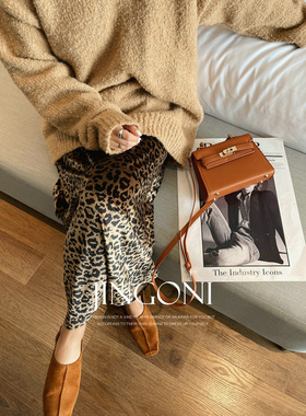 JINGONI豹纹丝绒中长款半身裙子女高腰修身秋冬新款显瘦直筒包臀