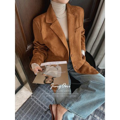JINGONI麂皮绒收腰廓形西装外套女上衣秋季新款高级宽松气质风衣