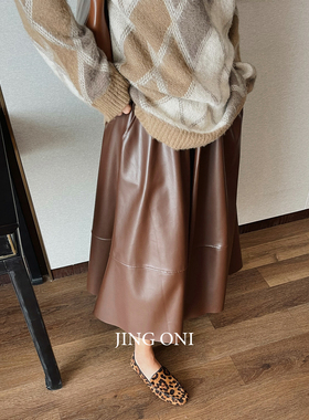 a字中长款皮裙子女2025年秋冬季新款高腰宽松半身裙大摆蓬蓬复古