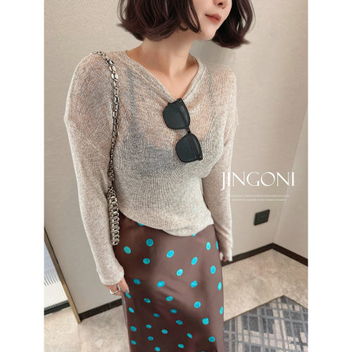 JINGONI纯色上衣女士T恤薄款针织防晒衣百搭chic简约宽松显瘦柔软