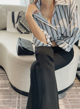 条纹长袖衬衫女士上衣初秋季新款蓝色设计感法式宽松慵懒风小个子