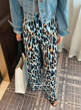 百褶花色长裤子女2024年春夏新款高腰松紧阔腿直筒休闲时尚显瘦潮