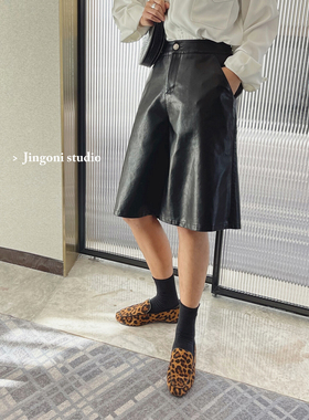 黑色高腰a字皮中裤子女休闲阔腿直筒显瘦2025春季新款五分小个子