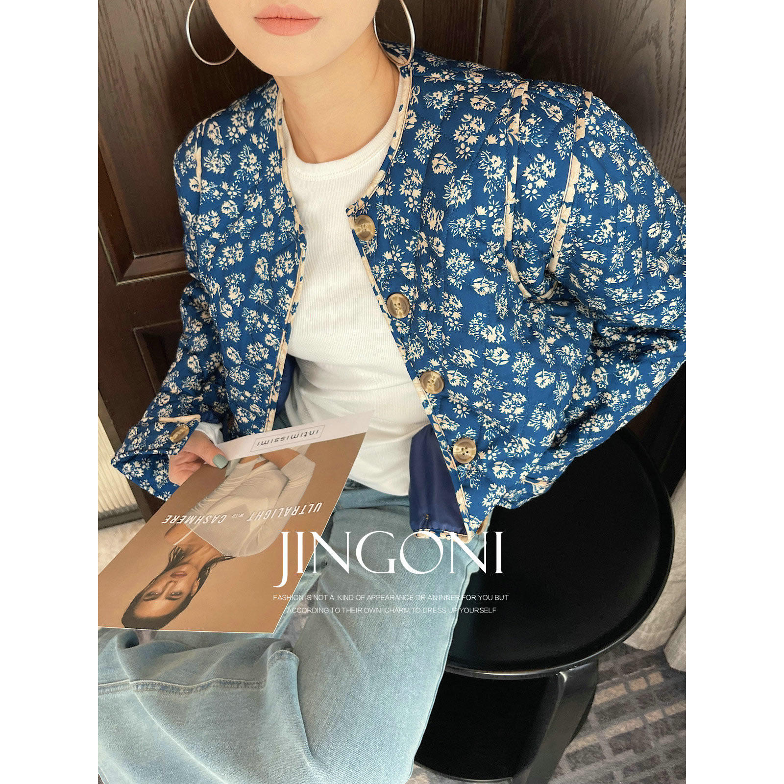 JINGONI碎花薄款棉夹克棉衣外套女上衣2025新款短款宽松法式气质