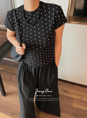 黑白圆点短袖T恤女上衣2024年夏季新款短款休闲时尚体恤修身显瘦