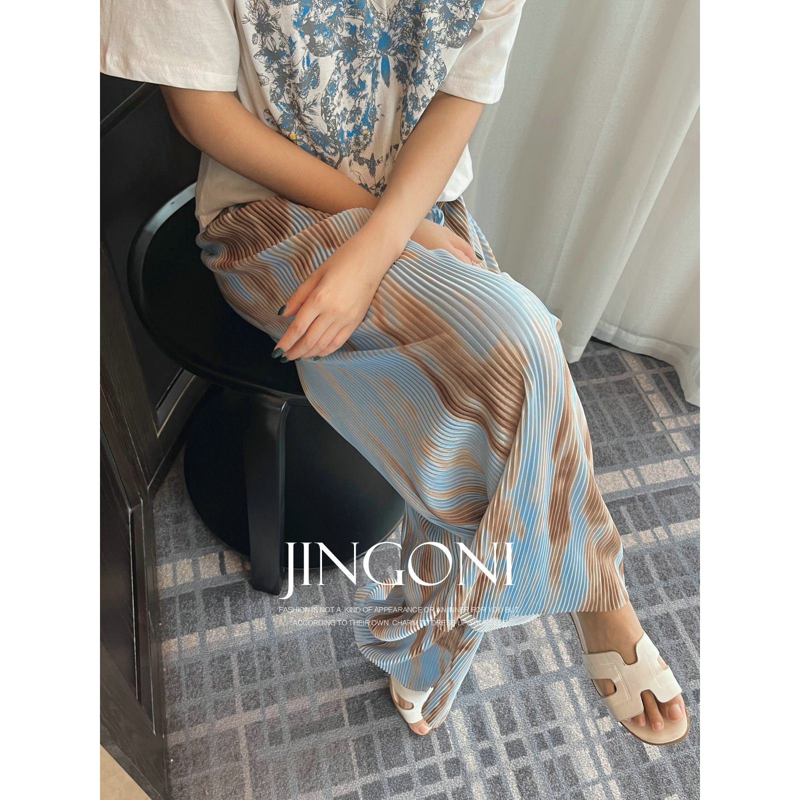 限时95折扎染百褶直筒裤