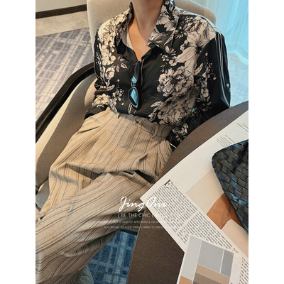 JINGONI黑色醋酸花朵缎面长袖衬衫女上衣法式复古宽松显瘦气质潮