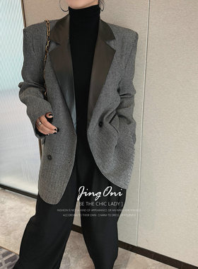 JINGONI质感皮革领毛呢西装外套女上衣秋冬新款高级宽松廓形显瘦