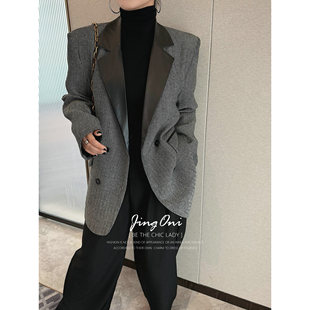 JINGONI质感皮革领毛呢西装 高级宽松廓形显瘦 外套女上衣秋冬新款