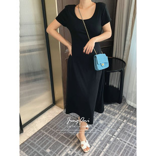 黑色修身短袖连衣裙子女2024年夏季新款中长款气质显瘦小个子时尚