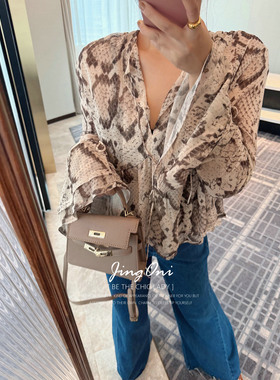 JINGONI几何喇叭袖雪纺长袖衬衫女上衣法式宽松气质显瘦春秋季潮