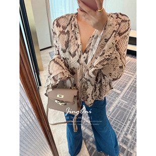 JINGONI几何喇叭袖雪纺长袖衬衫女上衣法式宽松气质显瘦春秋季潮