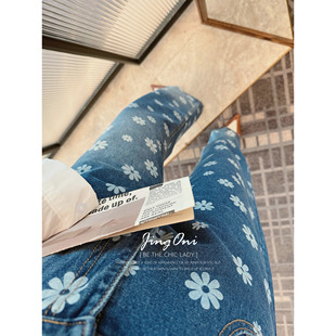 显瘦休闲复古垂感阔腿长裤 子女高腰春秋季 JINGONI花朵直筒牛仔裤