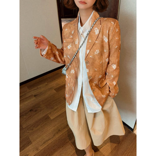 JINGONI花朵西装外套女上衣2026年秋季修身显瘦法式西服复古优雅