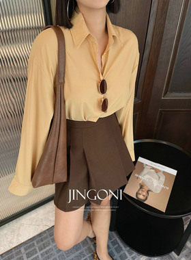 JINGONI鹅黄长袖衬衫女上衣宽松垂感显瘦气质百搭慵懒衬衣春新款