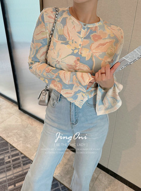 JINGONI花朵冰丝薄款针织开衫女上衣喇叭袖秋季新款短款显瘦气质