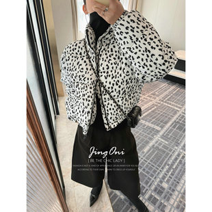 JINGONI豹纹面包服棉衣外套女秋冬新款短款立领夹克棉服宽松韩系